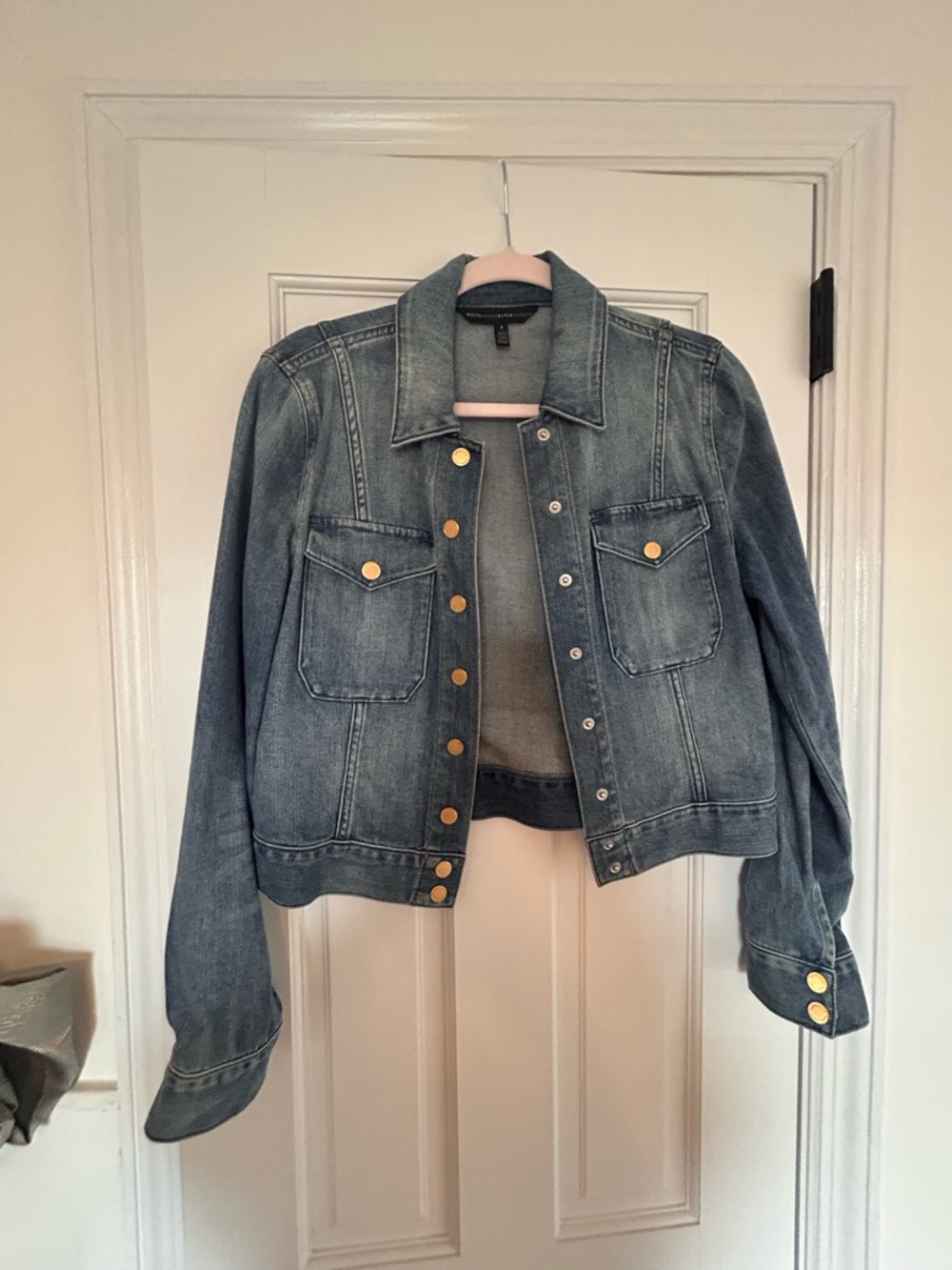 White House Black Market Blue Denim Jacket with Gold Buttons